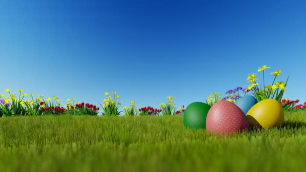 Easter eggs ongreen meadow over blue sky — Vídeos de Stock