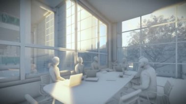 İş takım siluetleri, Toplantı ofis binası, tilt, 3d kil render.