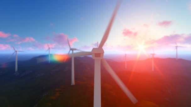 Turbine windpark met stralen van het licht bij zonsopgang — Stockvideo