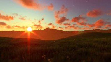 Uçak oyuncak bir yeşil çayır üzerinde olan küçük çocuk güzel gün batımı