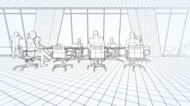 İş takım konferans salonu, arka görüş günbatımı, renk, yakınlaştırmak için 3d kroki