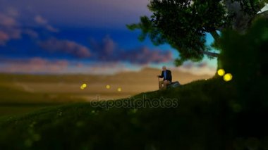 Ateş böcekleri uçan bir ağacın altında yeşil çayır üzerinde dinlenme büyükbaba