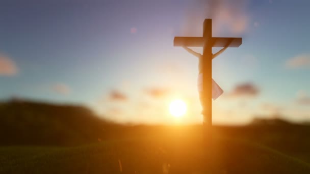 Silhouette of Jesus with Cross over sunset, religious concept, blurry background — Stock Video