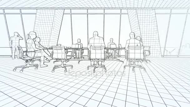 Business-Team in 3D-Skizze, Farbe, zoom, Konferenzraum, Rückansicht Sonnenuntergang — Stockvideo