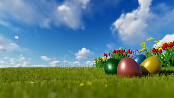 Colorido Páscoa ovos em Prado verde com flores da Primavera azul céu — Vídeo de Stock