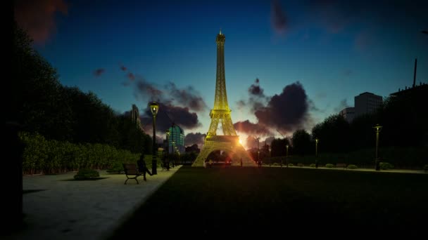 Wunderbare Aussicht Eiffelturm in Paris bei Sonnenuntergang, schwenken — Stockvideo