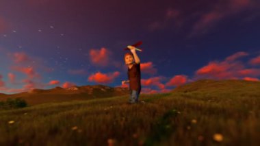 Uçak ve yeşil çayır, sunrset istirahat, kaydırma dedesi olan küçük çocuk