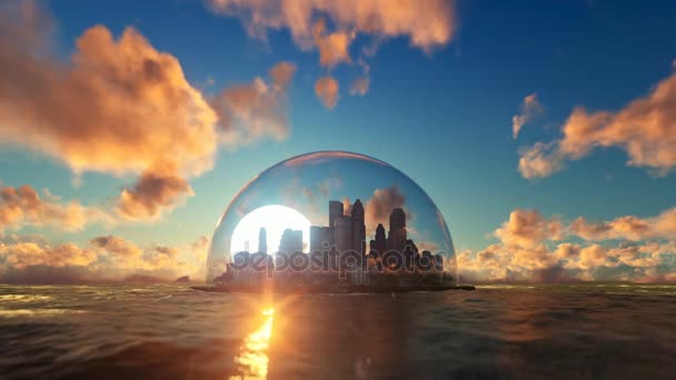 Modern stad i en glaskupol på havet i solnedgången — Stockvideo