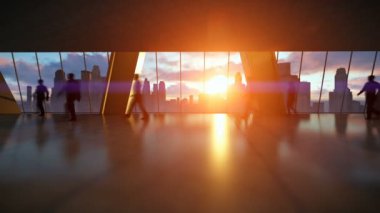 Banliyö, yürüyüş iş insanlar siluetleri arka görünümü şehir manzarası gün batımında