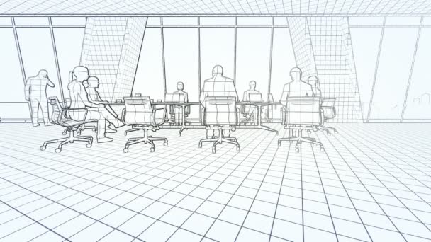 Equipe do negócio na sala de conferências, por do sol vista traseira, desenho 3d, a cor — Vídeo de Stock