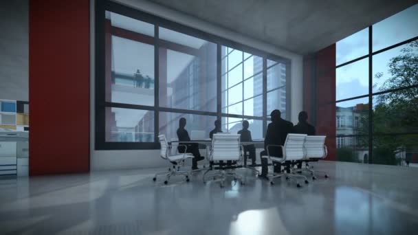 Business team silhouettes vergadering, kantoorgebouw, timelapse zonsondergang — Stockvideo