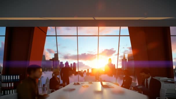 Businessmen team in conference room, rear view cityscape at sunset — Stock Video