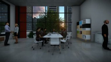 İş takım toplantısı, arka görünümü cityscape batımında, Yakınlaştır