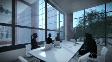İş takım siluetleri toplantı, Ofis Binası, timelapse günbatımı, dolly parça