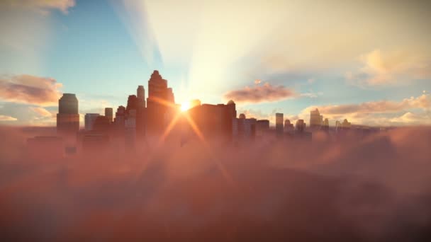 Panoramę miasta powyżej chmury o zachodzie słońca, dolly strzał — Wideo stockowe