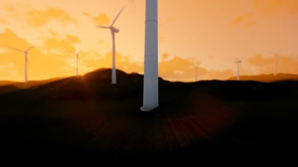 Wind turbine farm on green meadow, rays of light at sunset, tilt – stockvideo