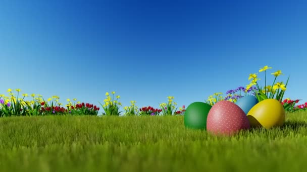 Prado ongreen ovos da Páscoa, céu azul, Luma Matte anexado — Vídeo de Stock