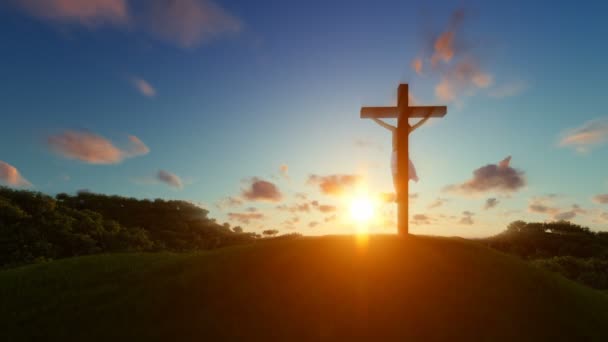 Silhouette von Jesus mit Kreuz über Sonnenuntergang, Luma Matte befestigt — Stockvideo