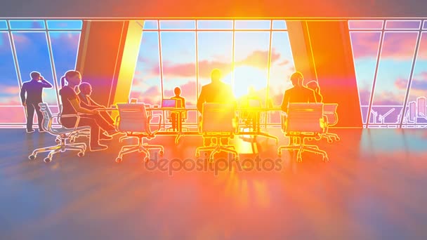 Business team in conference room, rear view sunset, 3d illustration, zoom in — Stok Video