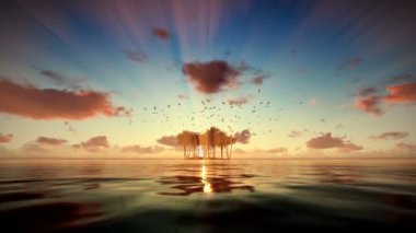 Su, güneş doğarken uçan martıları izole tropikal Adası