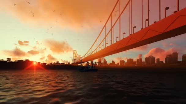 GoldenGate Bridge fiske båt zooma ut, vacker solnedgång — Stockvideo