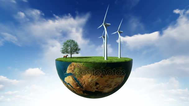 Environmental concept, Earth globe holding wind turbines against blue sky — Stock Video