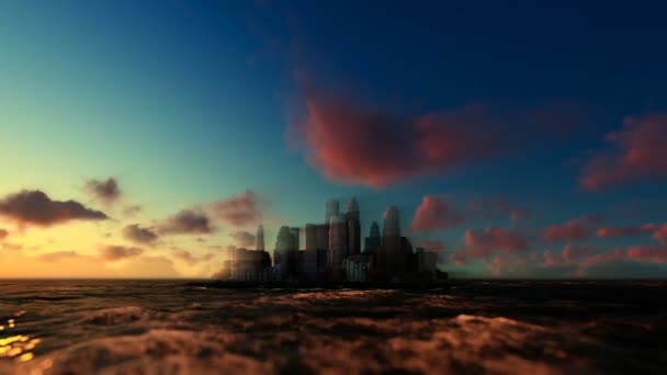 Nowoczesne miasto nad oceanem, Ranna mgła wschód słońca — Wideo stockowe
