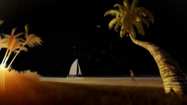 Yat yelken ve gün batımında sahilde çalışan kadın ile tropikal tatil