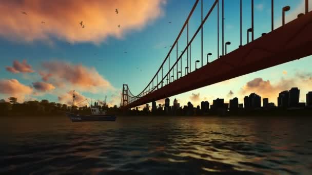 GoldenGate Bridge fiske båt zooma ut, vacker soluppgång — Stockvideo