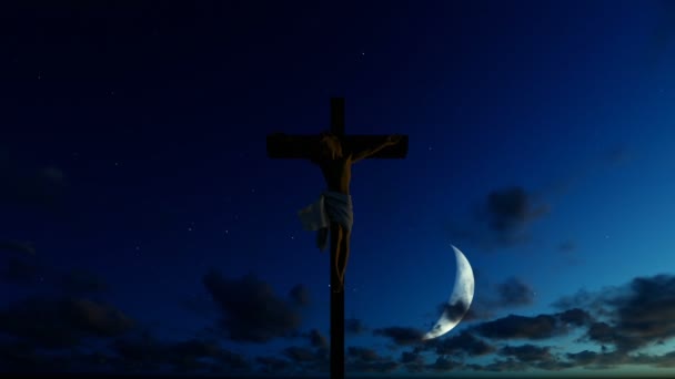 Ісус перетнути місяця половини зоряне блакитному небі — стокове відео