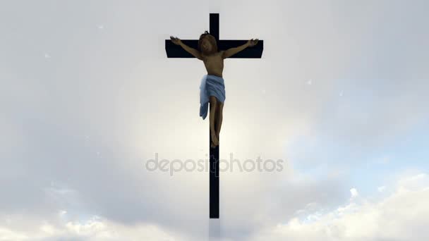 Jesus cross against heavenly white sky with pigeons flying — Stock Video