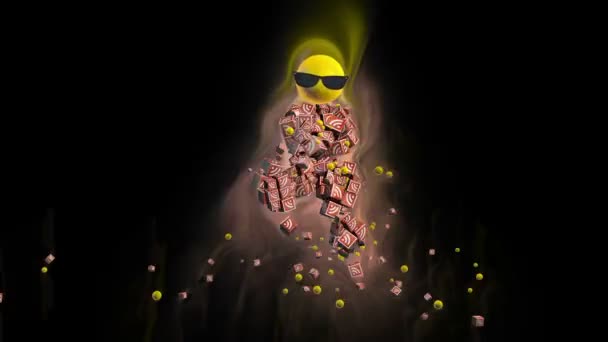 RSS Feed ícone dançando personagem rodeado por luzes coloridas, contra preto — Vídeo de Stock