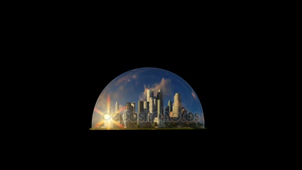 Moderne Stadt in einer Glaskuppel Timelapse Sonnenaufgang, gegen Schwarz — Stockvideo