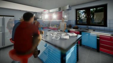 Modern mutfak sosyalleşme, kaydırma genç çok ırklı arkadaşlar