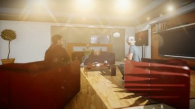 Villa oturma odası, pan ve tilt sosyalleşme genç çok ırklı arkadaşlar