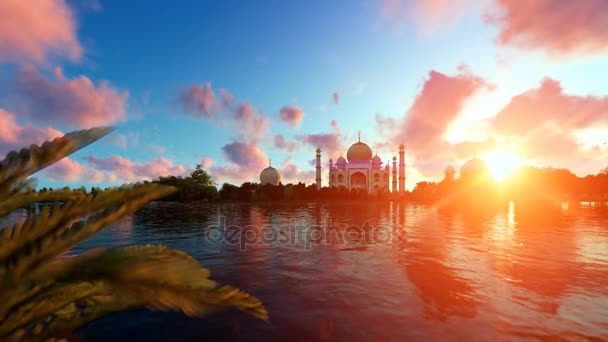 Taj Mahal, vista do rio Yamuna, aviões passando contra belo nascer do sol — Vídeo de Stock