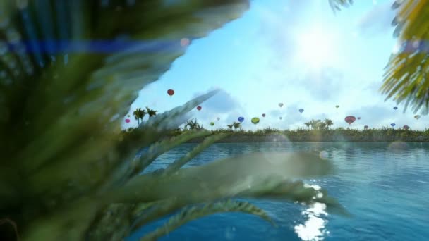 Kolorowe balony przeciw błękitne niebo, jezioro refleksje, płukanie — Wideo stockowe