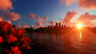 Şehir manzarası karşı günbatımı güzel göl yansımaları ile