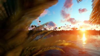 Renkli sıcak hava balonları, günbatımı, göl yansımaları, kaydırma