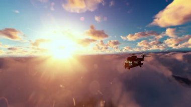 Gün batımında bulutların üzerinde uçan askeri helikopter