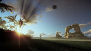 Sahilde, sabah sis çalışan kadın ile tropik ada