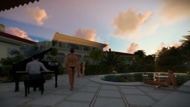 Pool party avec pianiste contre beau coucher de soleil, caméra de grue — Video