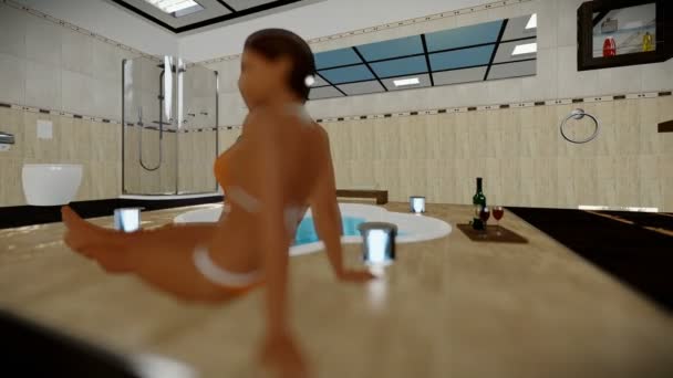 Piękna kobieta w wnętrzu nowoczesną łazienkę z jacuzzi i wina, podróży aparatu — Wideo stockowe