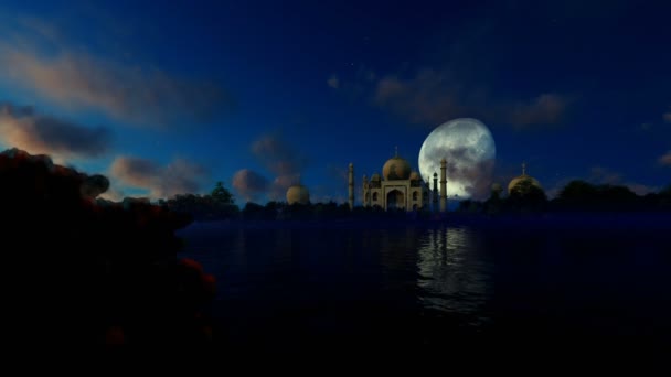 Taj Mahal contra lua cheia com reflexões do belo lago, vista do rio Yamuna — Vídeo de Stock