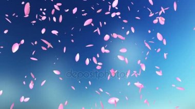 Pembe yaprakları uçan, bulanık gökyüzü karşı