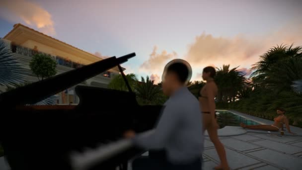 Petrecere la piscină cu pian la apus de soare, înclinare — Videoclip de stoc