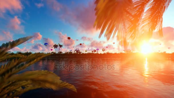 Palmen-Insel bei Sonnenuntergang mit Heißluftballons fliegen — Stockvideo