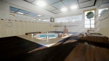 Modern banyo iç Jakuzi ve şarap, güzel kadın seyahat cam