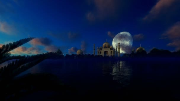 Taj Mahal, vista do rio Yamuna, aviões passando contra lua bonita — Vídeo de Stock