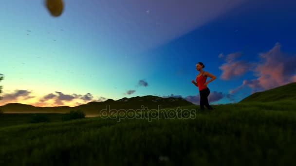 Mulher correndo no prado verde, a árvore da vida, a névoa da manhã — Vídeo de Stock